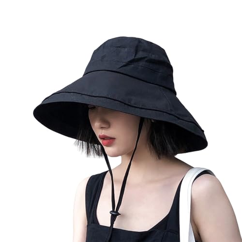 Wide Brim Bucket Hat - UPF50+ Protection Travel Beach Sun Hat with Semi-Rigid Adjustable Foldable Brim - color: Black