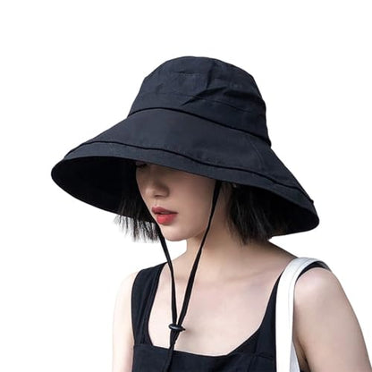 Wide Brim Bucket Hat - UPF50+ Protection Travel Beach Sun Hat with Semi-Rigid Adjustable Foldable Brim - color: Black
