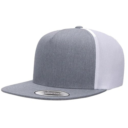 Yupoong 5-Panel YP Classic Trucker Cap | High Profile Flat Visor Snapback - color: Heather/White