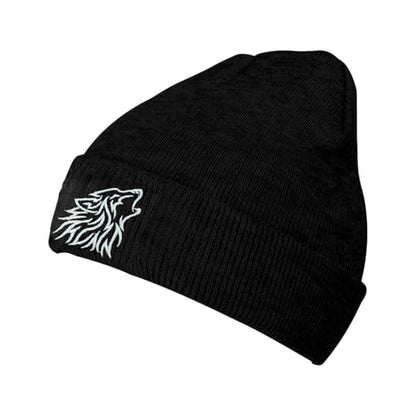 Black Beanie Hat for Men Women Embroidered Knit Winter Beanies Cap - color: Wolf