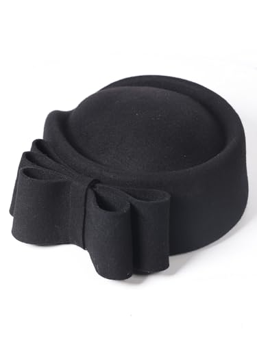 HIMESPORT Wool Felt Bowler Fascinators Hats for Women Ladies Female Elegant Wedding Tea Party Beret Hat with Bowknot - color: Black 1
