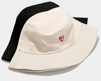 XYIYI 2 Pack Unisex Bucket Hat for Women Men Summer Beach Fishing Hat Sun Hat - color: Heart Black Beige