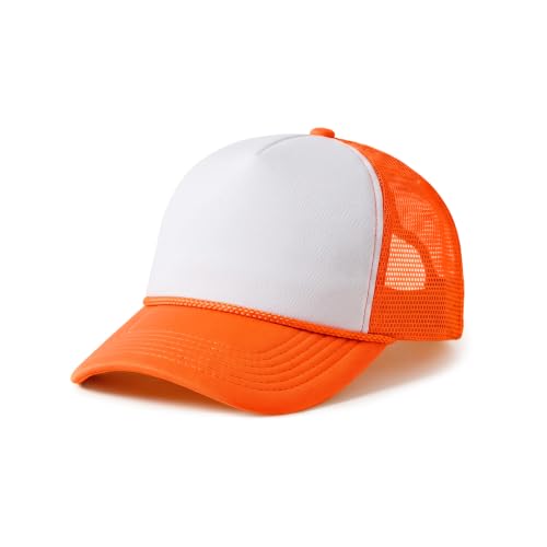 CHOK.LIDS Blank Foam Trucker Hat, Retro Mesh Rope Snapback Cap, Men Women - color: Curved Brim (White/Neon Orange)