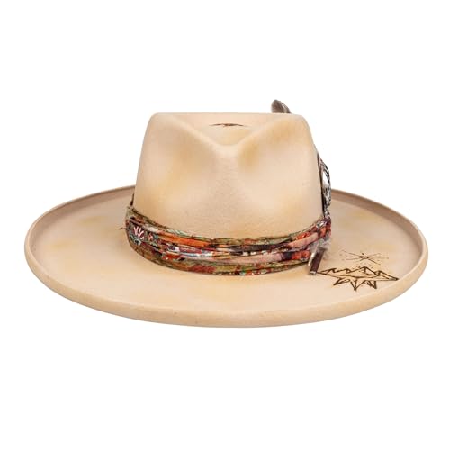 Vintage Pencil Brim Fedora Hats 100% Wool Felt Hat Panama Rancher Hat with Lightning Logo Handmade Distressed/Burned - color: Cream, size: 7 3/8