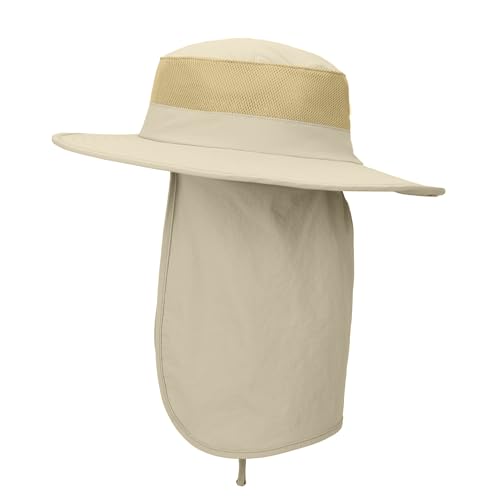 Outdoor Sun Hat UPF 50 Protection Waterproof Fishing hat Face Cover Summer Neck Flap Hat - color: Light Khaki Pro