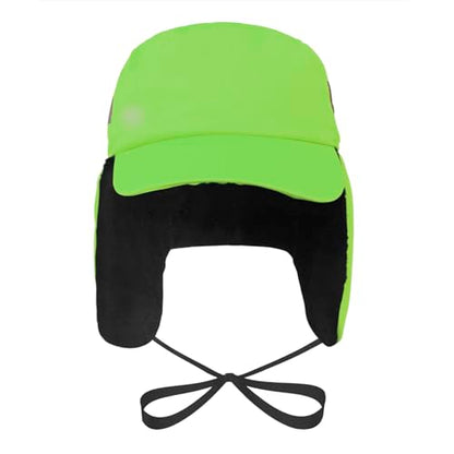High Visibility Winter Ski Cap Warm Fleece Lined Pilot Visor Cap Windproof Earflap Peruvian Hunting Trapper Hat - color: Neon Green