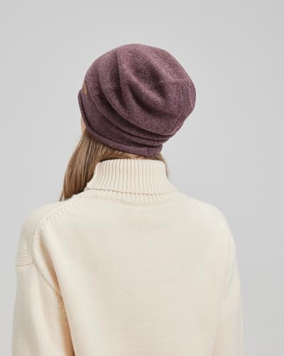 100% Merino Wool Slouchy Beanie Hat, Women Warm Winter Caps Soft, Ladies Breathable & Cozy Stretchy Knitted Skull Cap - color: Purple