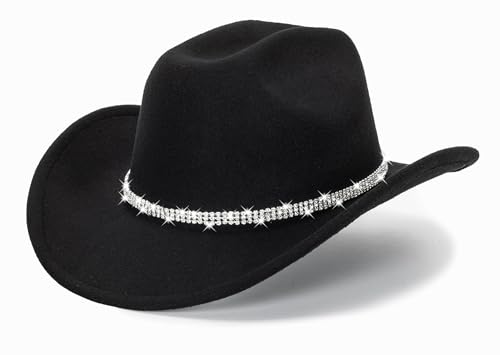 Glitter Silver Black Cowboy Hats Women Western Rhinestone Cowgirl Hat - color: 3 Circles Diamand-black