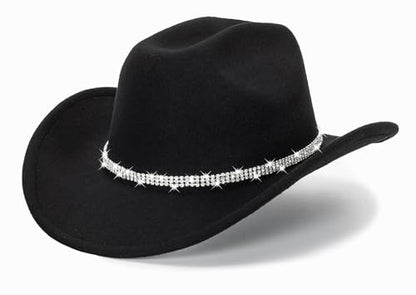 Glitter Silver Black Cowboy Hats Women Western Rhinestone Cowgirl Hat - color: 3 Circles Diamand-black