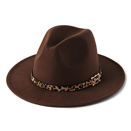 Women's Wide Brim Felt Fedora Panama Hat with Leopard - color: Coffee
