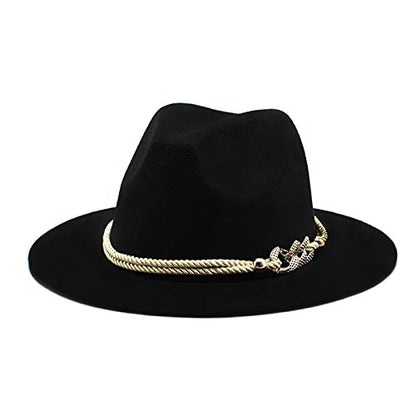 Lady Wide Brim Felt Fedora Panama Hat with Ring Belt - color: Black, size: Medium