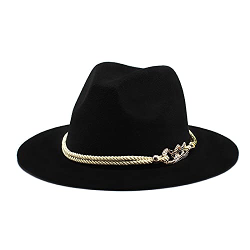 Lady Wide Brim Felt Fedora Panama Hat with Ring Belt - color: Black, size: Medium