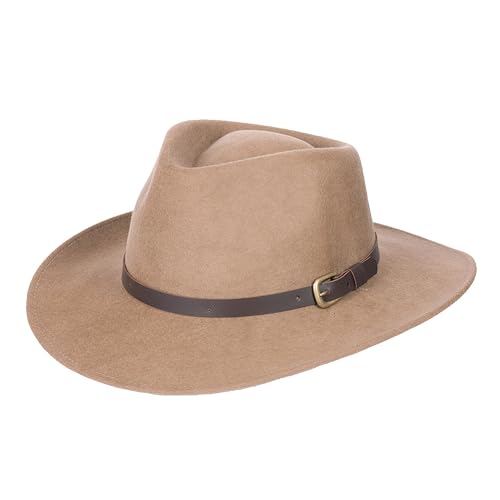 Bigalli Melbourne Fedora Wool Felt Hat - Outdoor - Wide Brim Crushable Water-Resistant Warm & UV Protection - color: Khaki, size: Medium