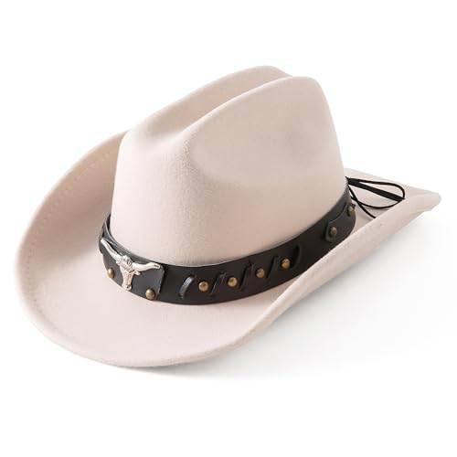 Lanzom Cowboy Hat for Women and Men with Shapeable Wide Brim Felt Western Hats for Cowboys and Cowgirls - color: Beige