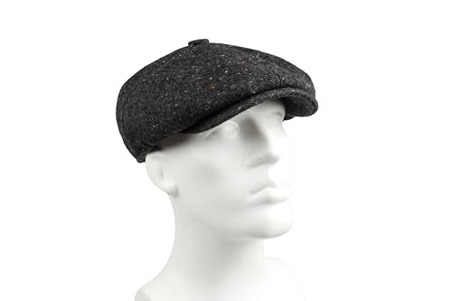 8 Panel Wool Blend Newsboy Cap – Classic Tweed & Herringbone Baker Boy Hat for Men & Women - color: Black Tweed, size: Small