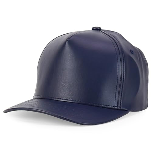 Trendy Apparel Shop PU Leather 5 Panel Structured High Profile Snapback Cap - color: Navy