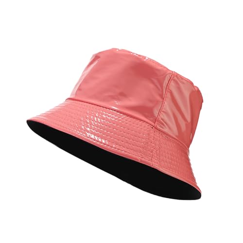 yolrdiw Unisex Fashion PU Leather Bucket Hat Glossy Reversible Rain Waterproof Fishmen Cap - color: Red