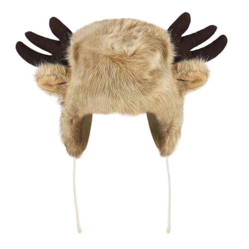 XGOPTS Winter Faux Fur Plush Hat with Horns Warm Animal Horn Ox Earflap Hat - color: Brown