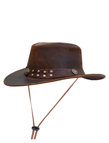 GARGOYLE BELLS Genuine Leather Cowboy Western Hat for Men Woman Studded Steampunk Hat Deadman Top Hat for Halloween Costume - color: Brown, size: XX-Large