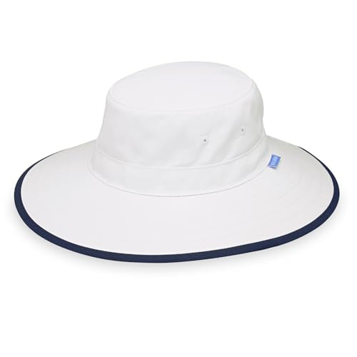 Wallaroo Hat Company Women's Sanitas Ponytail Sun Hat – UPF 50+, Packable Bucket Hat, Chin Strap, Adjustable - color: White/Navy