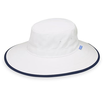 Wallaroo Hat Company Women's Sanitas Ponytail Sun Hat – UPF 50+, Packable Bucket Hat, Chin Strap, Adjustable - color: White/Navy