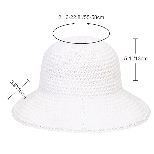 Womens Sun Hat Handmade Crochet Straw Bucket for Summer Foldable Travel Cap - color: White