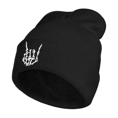 Embroidered Beanie Halloween Goth Knit Hat for Men Women - color: Skeleton Fingers Rock