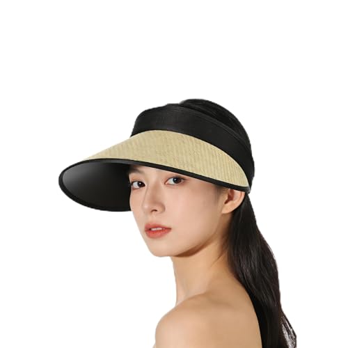Women Straw Sun Visor Cap Summer Wide Brim Beach Cap Cycling UV Protection Sun Hat Ponytail Foldable Visor with Chin Strap - color: Beige
