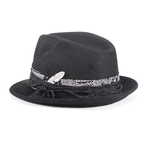 Fedora Trilby Hats for Men Women Handmade 1920s Classic Short Brim Hat with Feathers Unisex - color: Coal Black