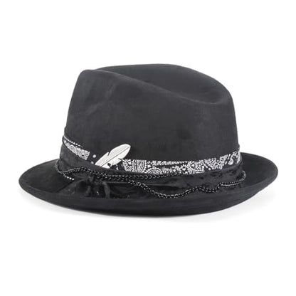Fedora Trilby Hats for Men Women Handmade 1920s Classic Short Brim Hat with Feathers Unisex - color: Coal Black