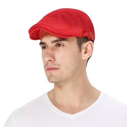 DIYDECAL Mens Breathable Mesh Summer Hat Adjustable Newsboy Beret Ivy Cap Cabbie Flat Cap - color: Red