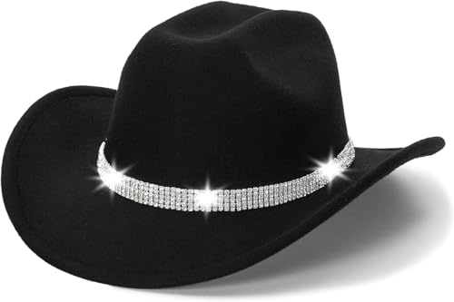 Vintage Roll Up Western Cowboy Hat for Men Women Cowgirl Fedora Hats Black/Brown Different Decorative Band M - color: Black Cowboy Hat