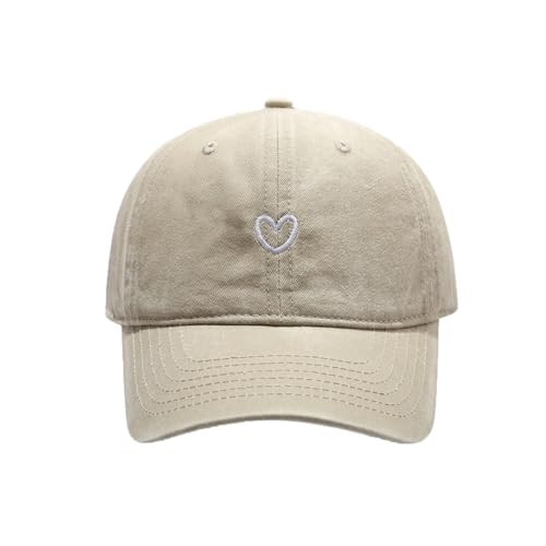 Women's Cute Heart Embroidered Baseball Cap Adjustable Vintage Washed Cotton Low Profile Dad Hat - color: Beige
