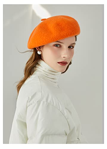 Women French Wool Beret Hats - Solid Color Classic Beanie Winter Cap - color: Orange