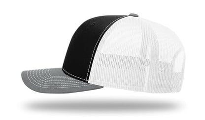 Richardson 112 Trucker Hat - Premium Blank Baseball Cap, Adjustable Snapback Hat - Structured Six Panel Richardson Blank Hats - color: Black/White/ Heather Grey