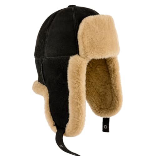 Handmade Sheepskin Leather Trapper Hat – Aviator Cap with Fur Lined Ear Flaps, Shearling Russian Ushanka Winter Hat - color: Chocolate, size: Medium