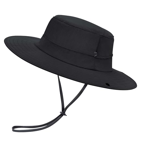 Cooling Sun Bucket Hat, UPF 50+ Wide Brim Boonie Hat with Ponytail Hole - color: 01 Black