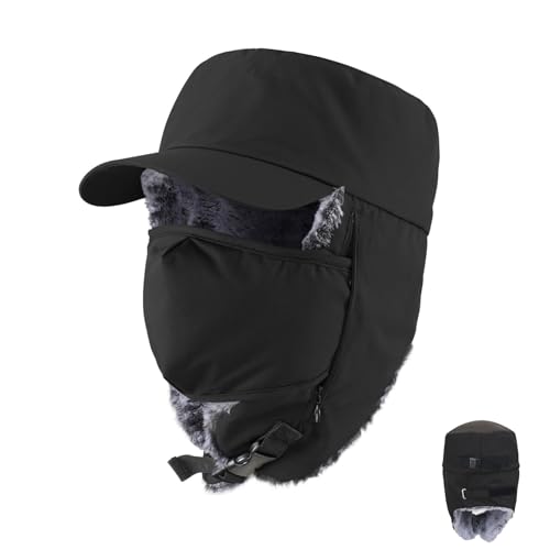 Trapper Hat Warm Faux Fur Winter Cap with Ear Flaps Windproof Waterproof Snow Ski Hats for Men Women Cold Weather - color: Black