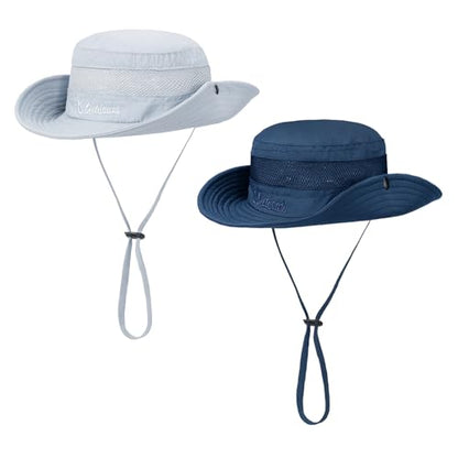 American Trends Quick Dry Boys Sun Hat - Dual Adjustable UV Protection Breathable Kids Safari Bucket Cap for Beach Pool - color: Navy Blue & Light Grey