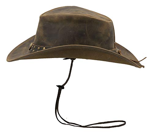 Walker and Hawkes Unisex Leather Cowhide Outback Two-Tone Brisbane Hat - Stylish Sun Protection, Breathable, Travel-Ready - color: Light Brown, size: Large