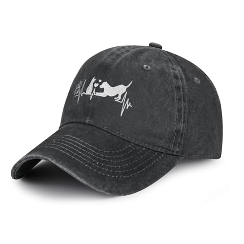 Women's Dog Love Cat Paw Heartbeat Baseball Cap for Men Women, Adjustable Vintage Distressed Washed Dad Hat - color: Black