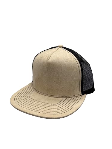 Ashen Fane Faux Suede Polyester Blend 5 Panel Classic Flat or Round Visor Adjustable Snapback Mesh Back Trucker Hat - color: Flat - Beige