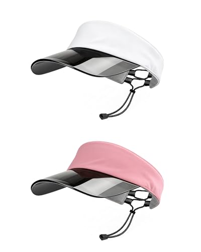 Transparent Sun Visor Hat for Women Men - UPF 50+ Clear Brim Adjustable Drawstring for Golf Tennis Pickleball - color: White + Pink