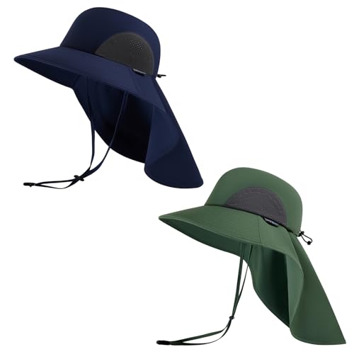 UPF 50+ Foldable Sun Hats Wide Brim with Large Neck Flap for Men Women UV Protection Gardening Fishing Beach Hat - color: Pack of 2, Navy Blue & Green