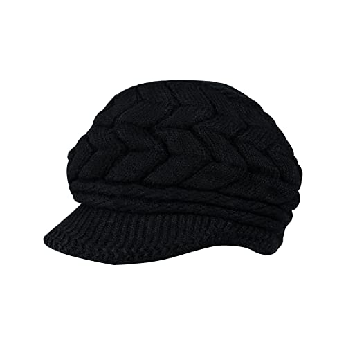 Andiker Winter Knit Hat for Women, Slouchy Beanies Cap with Brim, Warm Fleece Lined Women Thick Hat - color: Black