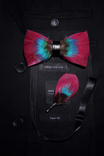 RBOCOTT Handmade Feather Pre-tied Bow tie and Brooch Sets for Men - color: Burgundy
