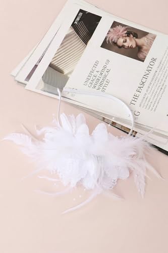 BABEYOND Flower Feather Beads Fascinator Headband for Women Derby Headpiece - color: White