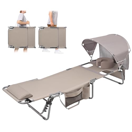 Oversized Extra Wide Tanning Chair with Sun Canopy Face Hole Padded Adjustable Washable, Heavy Duty Layout Folding Lounge Chair for Outside Beach Reading Sunbathing, UPF 50+, XL, Plus Size, 330 LBS - color: Beige, size: Oversized