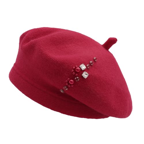 ZLYC Women French Beret Hat Winter Knitted Stretchable Beret Artist Cap - color: Rhinestone Red