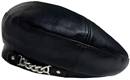 XYIYI Beret Hats PU Leather French Beret Cap Artist Beanie Hat for Women Girls - color: Black Chain